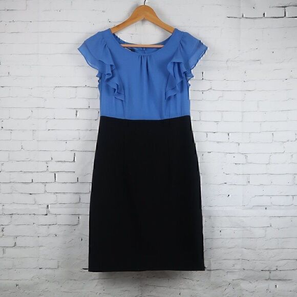 ALYX PETITES BLUE & BLACK RUFFLE SLEEVE ROUND NECK OFFICE DRESS SIZE 2P - Picture 1 of 10